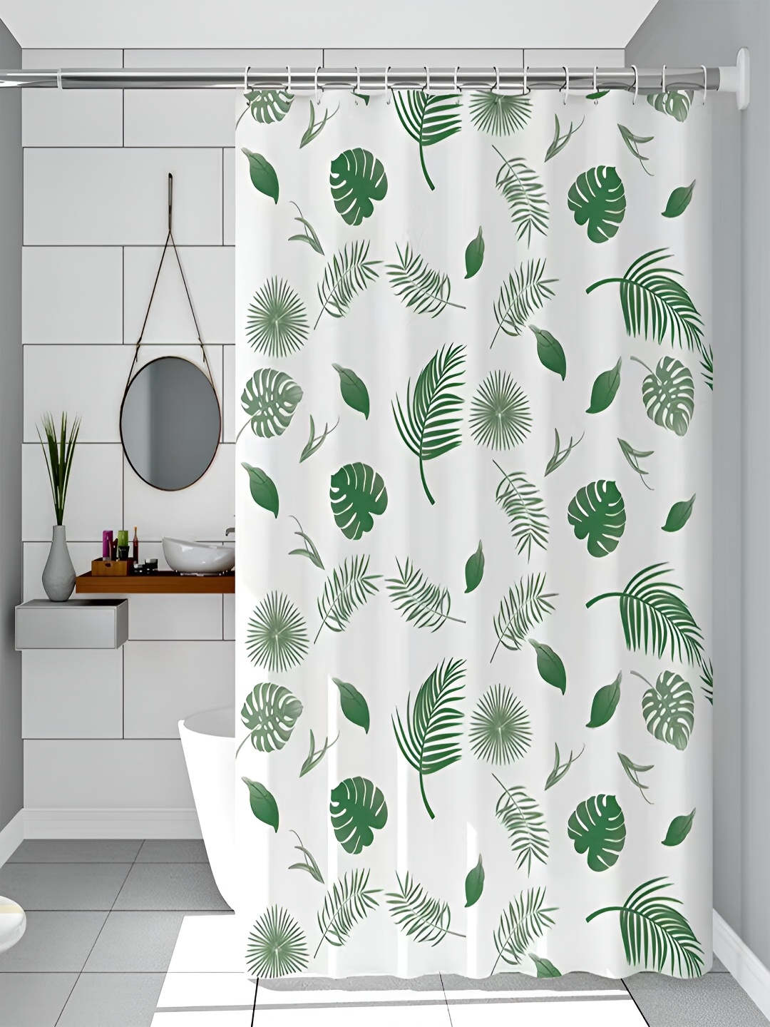 

Kuber Industries White & Green Printed Waterproof Shower Curtain