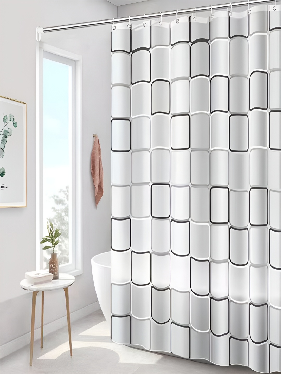

Kuber Industries White & Black Printed Waterproof Shower Curtain