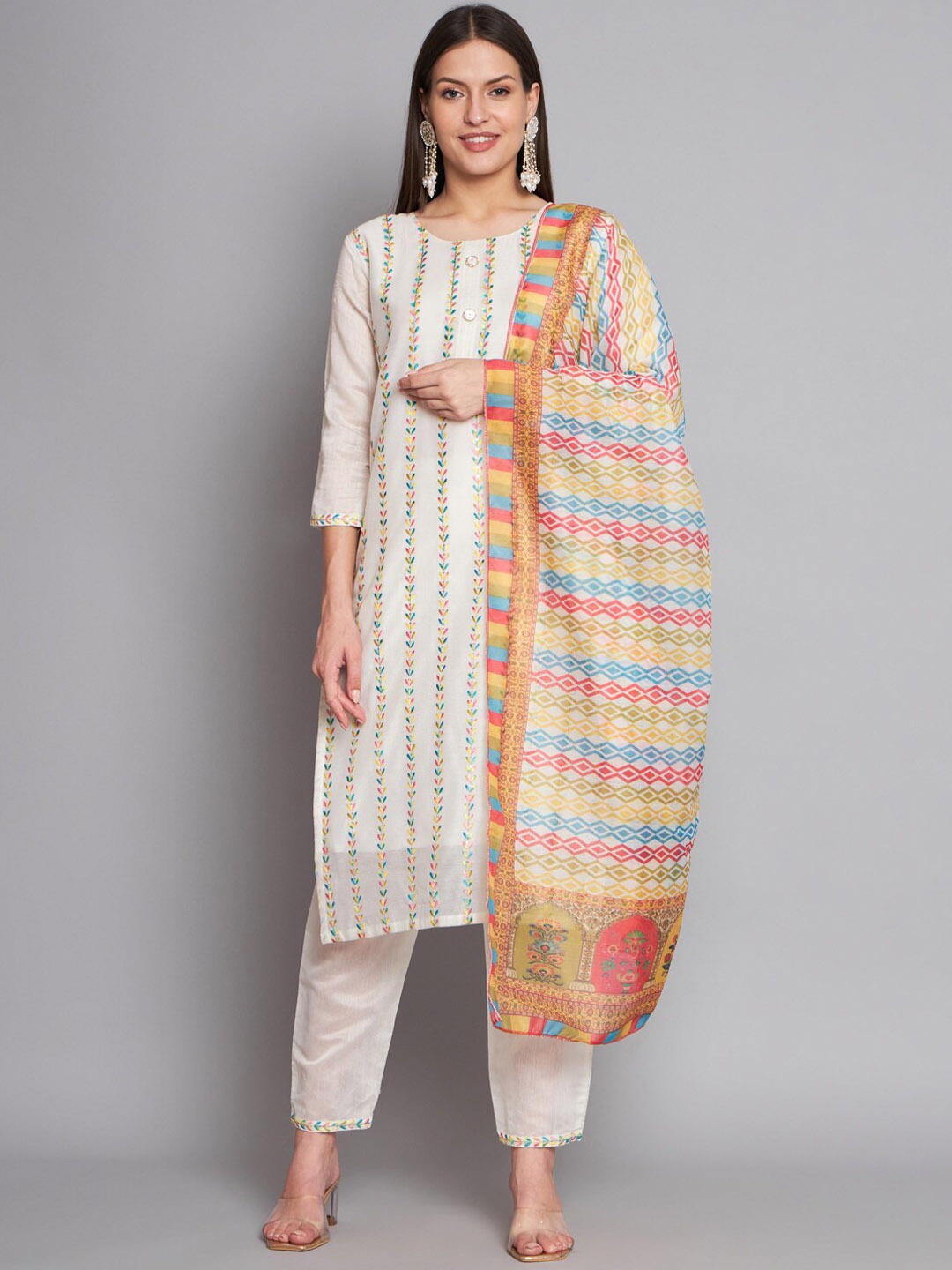 

S.K.C Floral Embroidered Regular Kurta with Trousers & With Dupatta, Off white