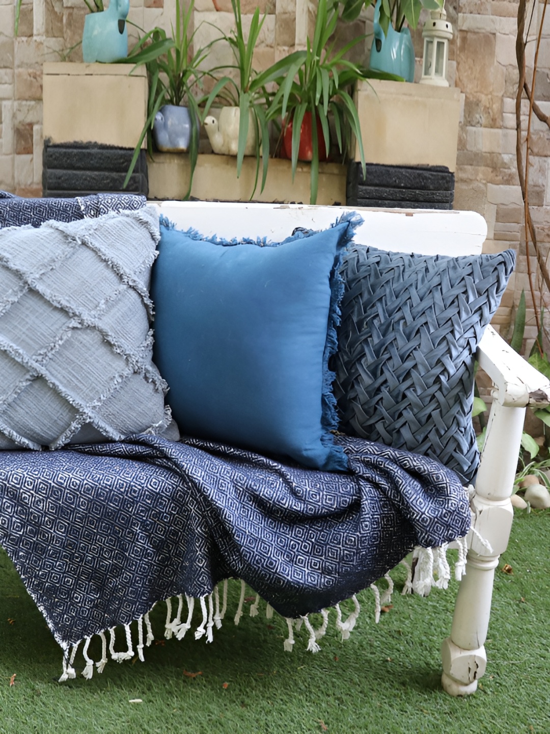 

House of Harkaari Blue Self Design Velvet Square Cushion Cover