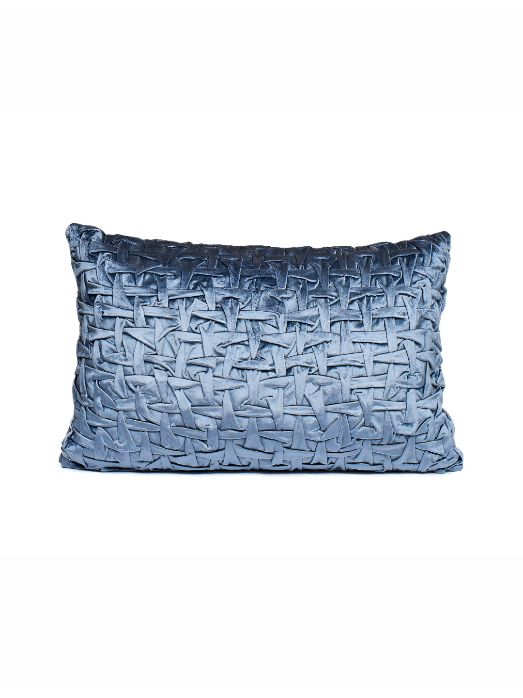 

House of Harkaari Cross Smocked Blue Viscose Velvet Rectangle Cushion Cover with Filler