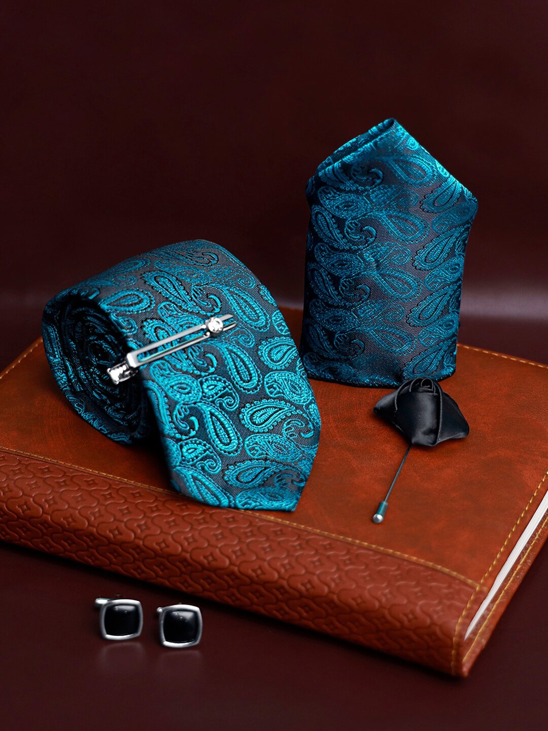 

LOUIS STITCH Men Silk Printed Necktie Accessory Gift Set Combo, Green