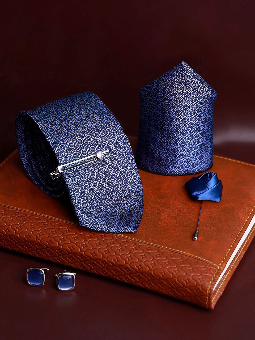 

LOUIS STITCH Men Silk Printed Necktie Accessory Gift Set Combo, Blue