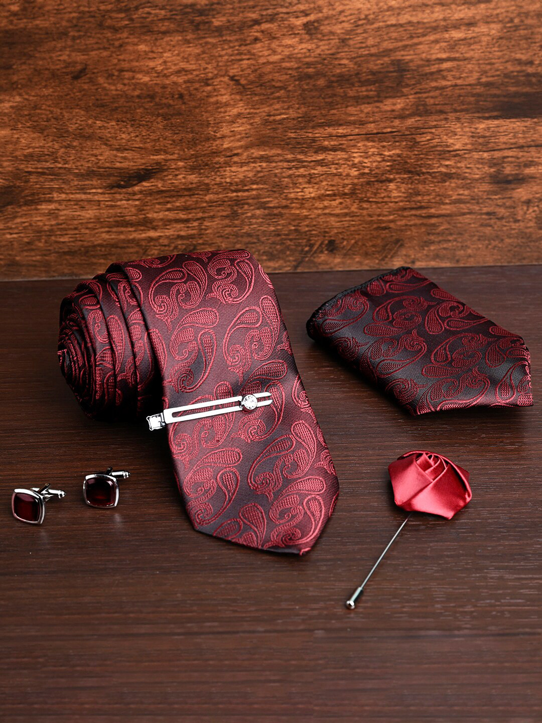 

LOUIS STITCH Men Silk Printed Necktie Accessory Gift Set Combo, Maroon