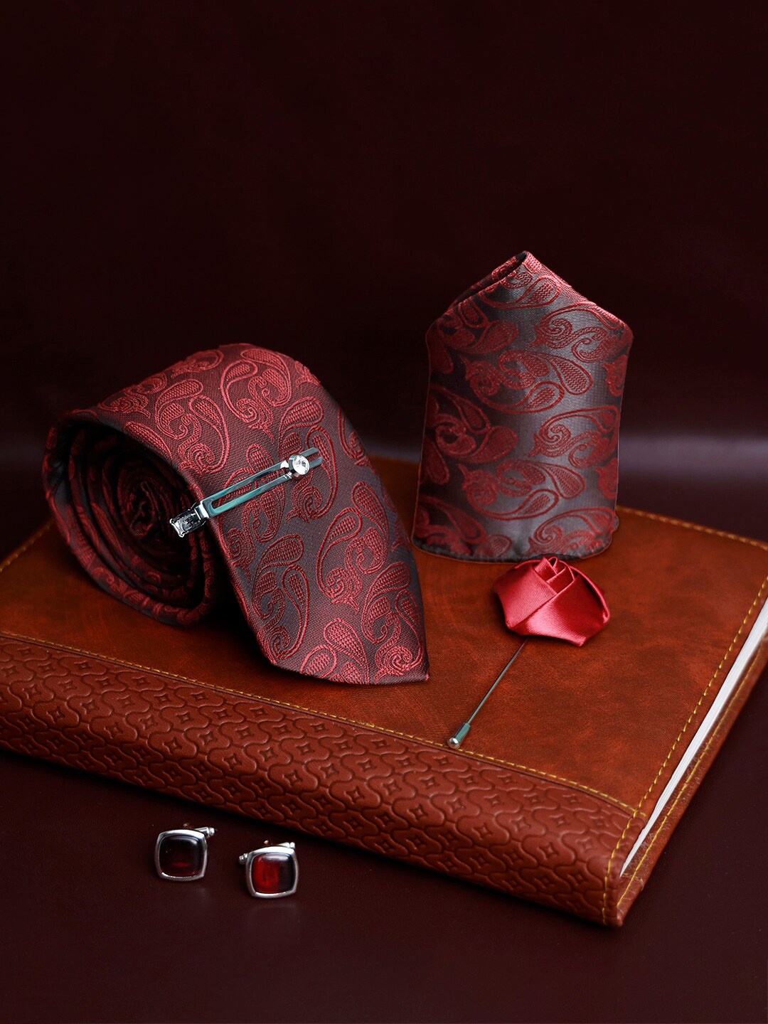 

LOUIS STITCH Men Silk Printed Necktie Accessory Gift Set Combo, Maroon