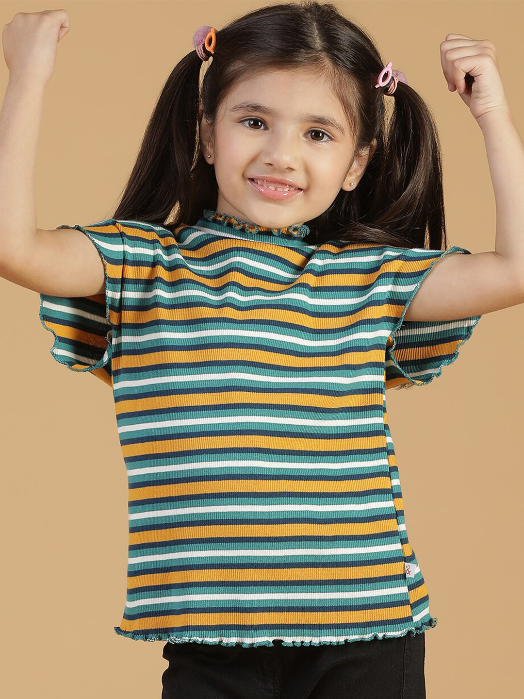 

TALES & STORIES Striped Short Sleeves High Neck Cotton Top, Yellow