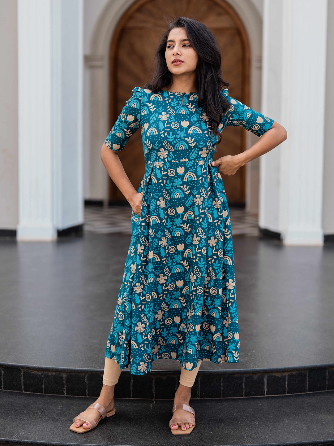 

HAY Floral Print Liva Fit & Flare Maxi Dress, Teal