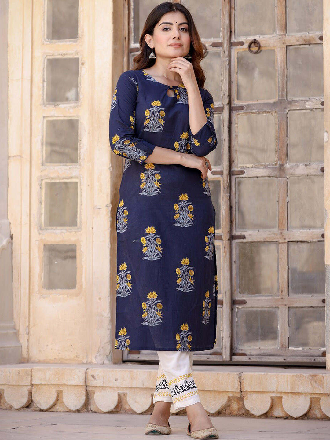 

KALINI Floral Printed Regular Pure Cotton Kurta with Trouser, Blue