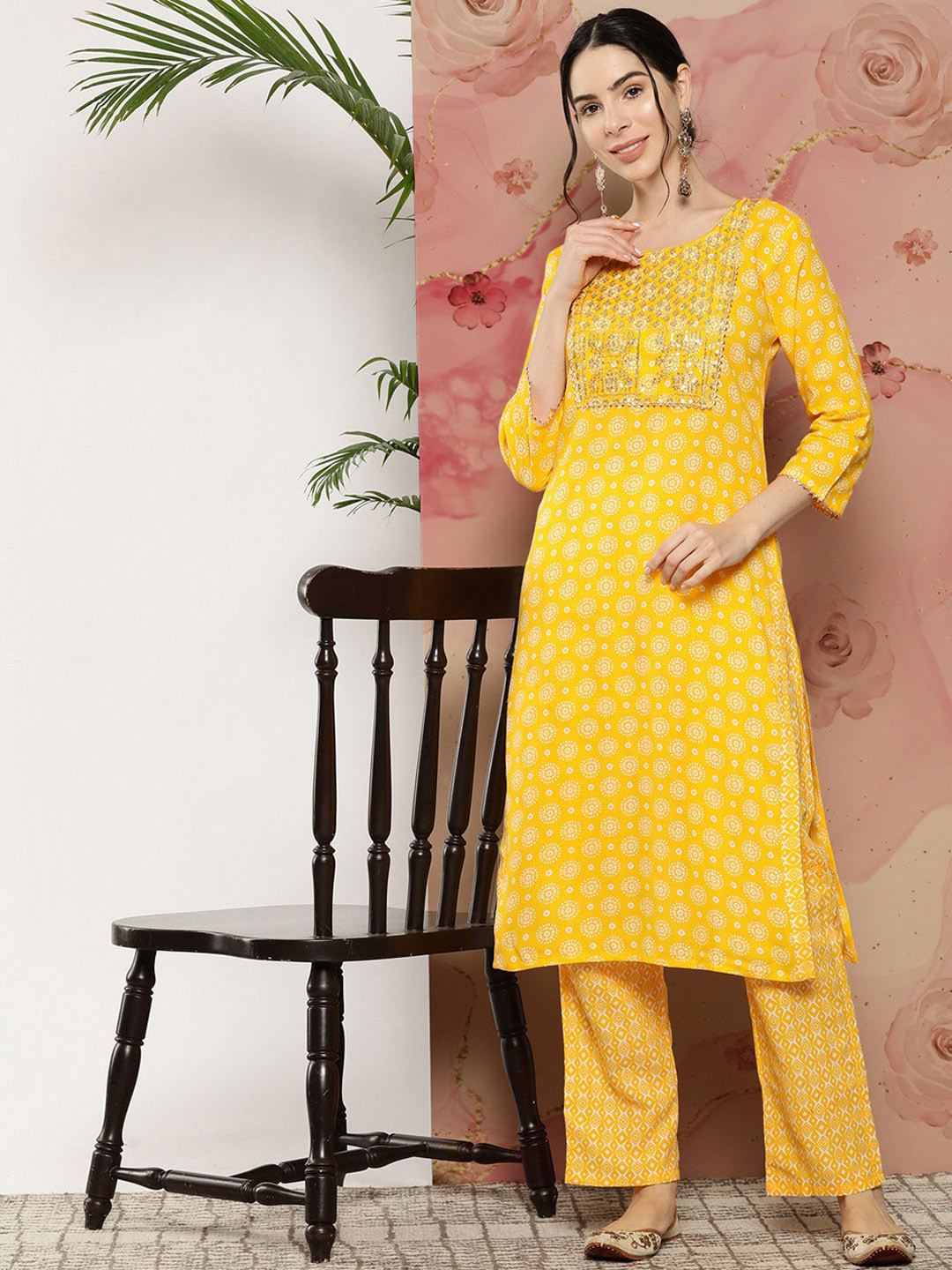 

KALINI Ethnic Motifs Embroidered Regular Sequinned Kurta with Trouser, Mustard