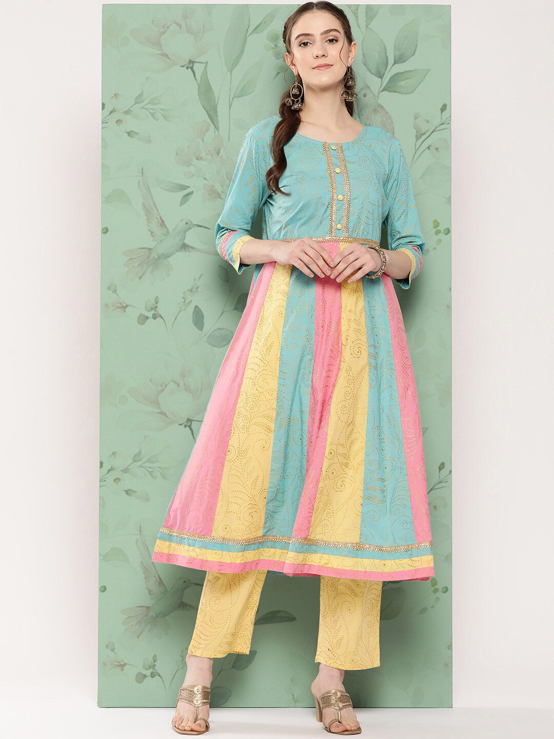 

KALINI Bandhani Embroidered Regular Gotta Patti Pure Cotton Kurta with Trouser, Teal