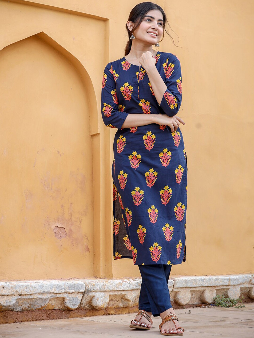 

KALINI Ethnic Motifs Printed Regular Pure Cotton Kurta with Palazzos, Navy blue
