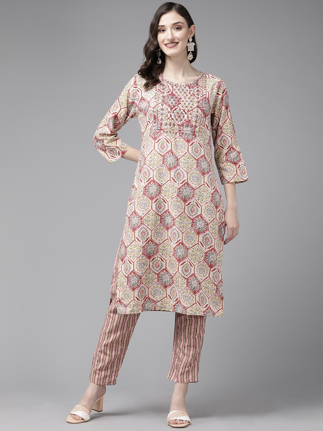 

KALINI Ethnic Motifs Printed Regular Kurta with Trousers, Beige