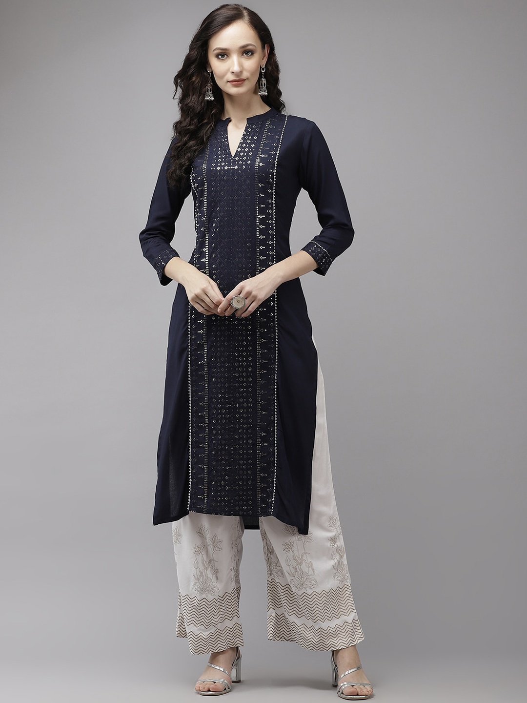 

KALINI Embroidered Regular Sequinned Kurta with Palazzos, Navy blue
