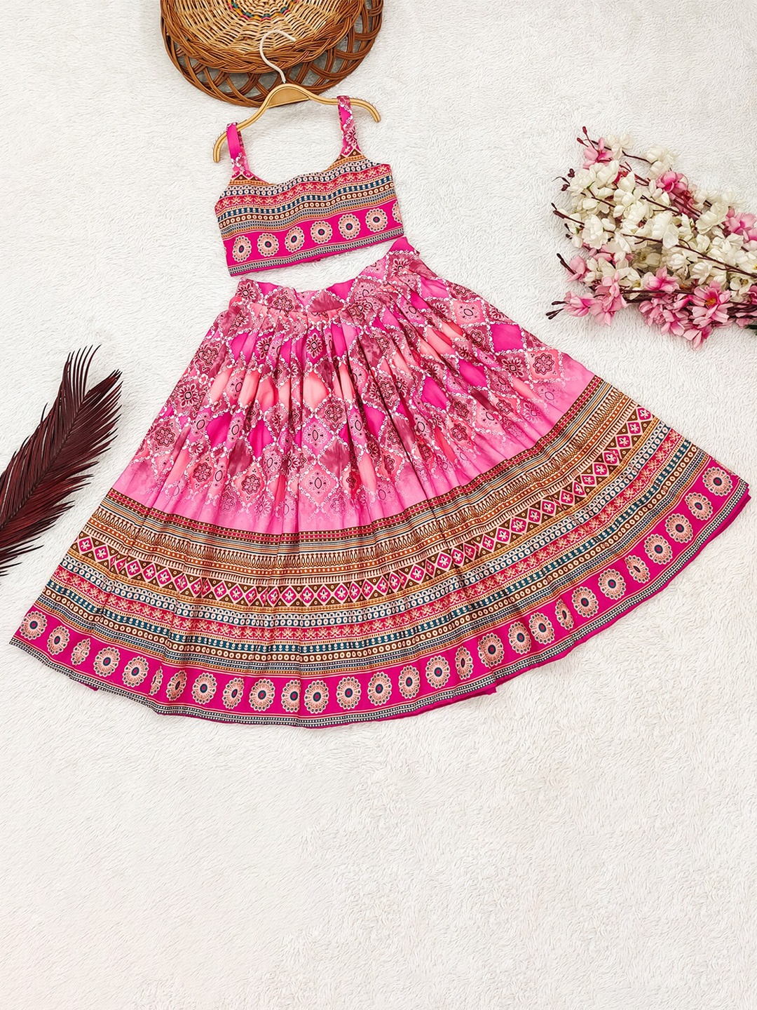 

BAESD Girls Printed Gotta Patti Ready to Wear Lehenga & Blouse & Dupatta, Pink