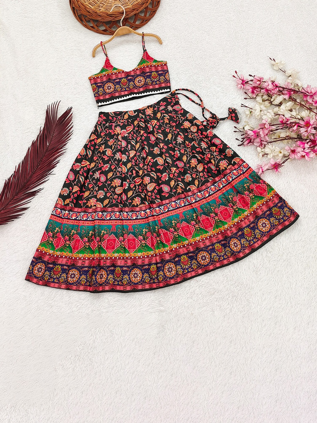

BAESD Girls Printed Gotta Patti Ready to Wear Lehenga & Blouse & Dupatta, Black