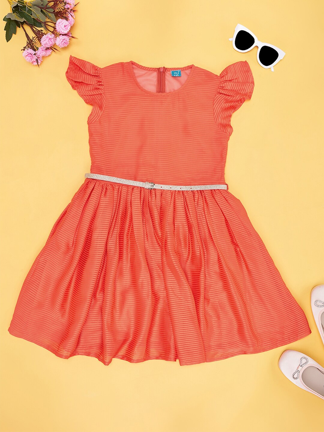 

YU by Pantaloons Girls Striped Flutter Sleeves Fit & Flare Dress, Orange