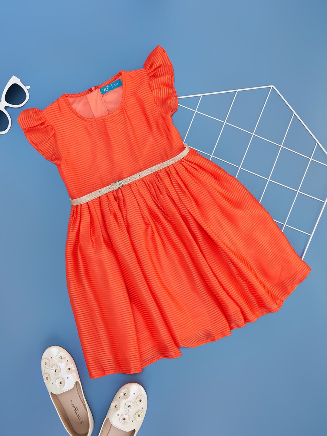 

YU by Pantaloons Girls Flutter Sleeve Fit & Flare Dress, Orange