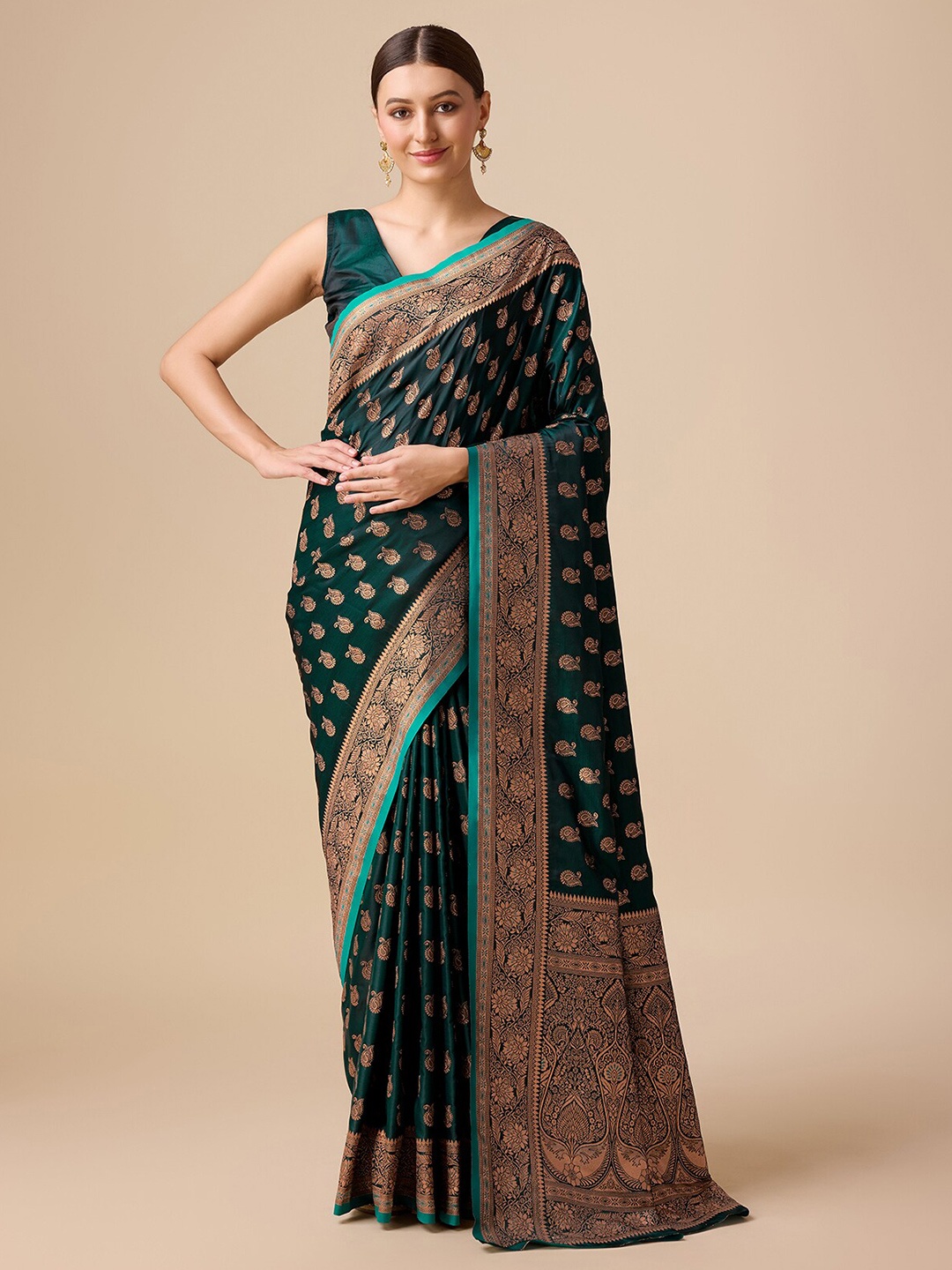 

MONJOLIKA FASHION Ethnic Motifs Woven Design Zari Banarasi Saree, Teal