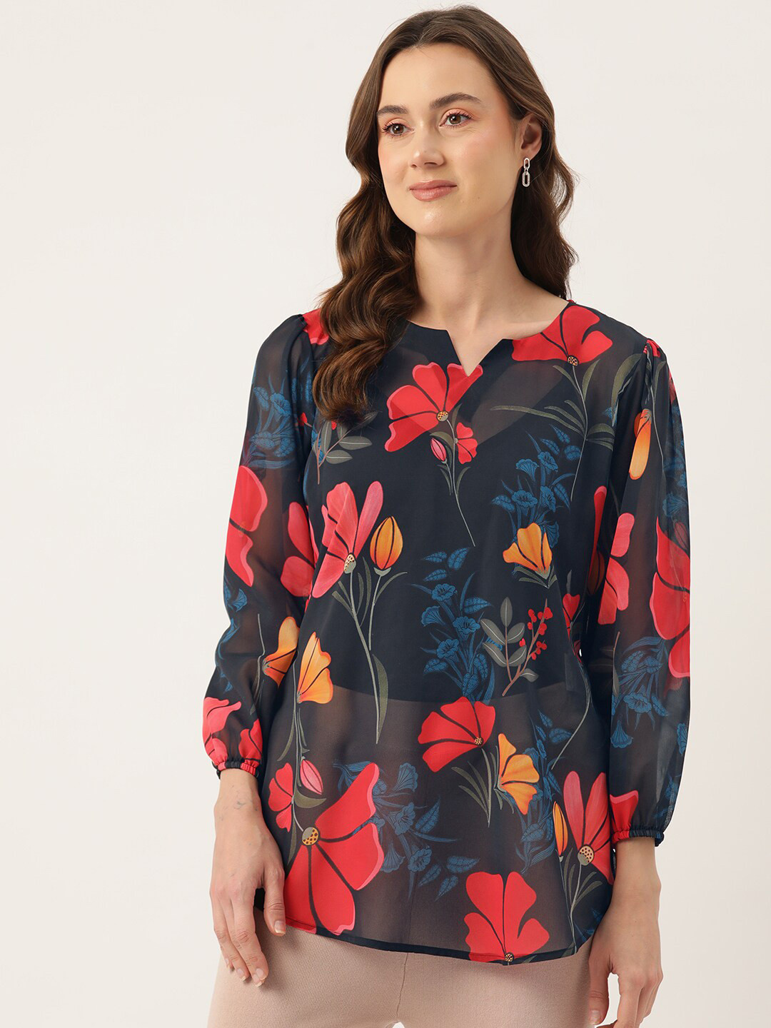 

Sleek Italia Floral Printed Notched Neck Puff Sleeve Georgette Top, Blue