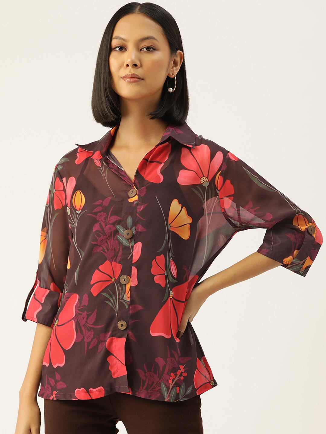 

Sleek Italia Floral Printed Semi Standard Sheer Casual Shirt, Maroon