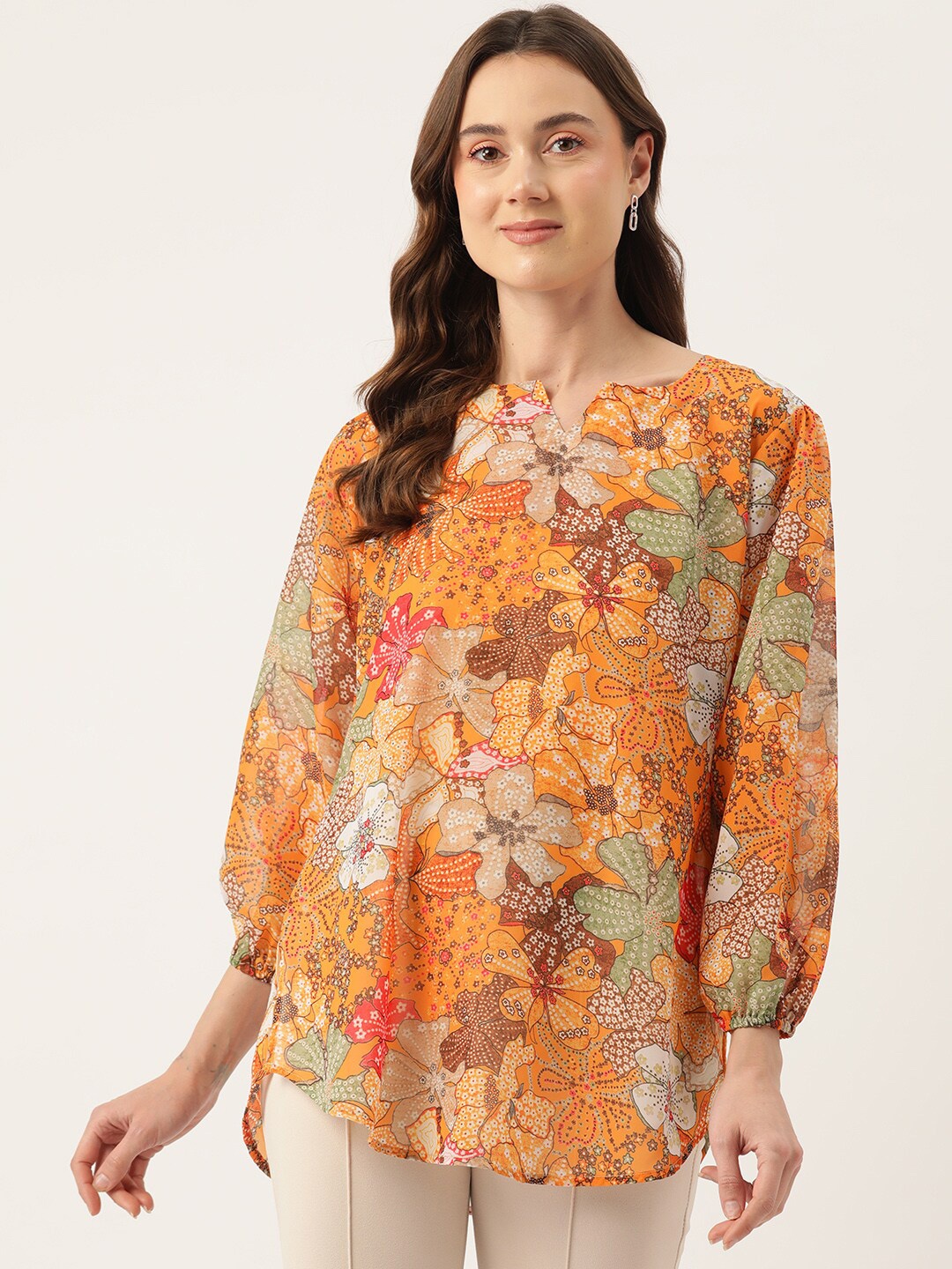 

Sleek Italia Floral Printed Notched Neck Puff Sleeve Georgette Top, Mustard