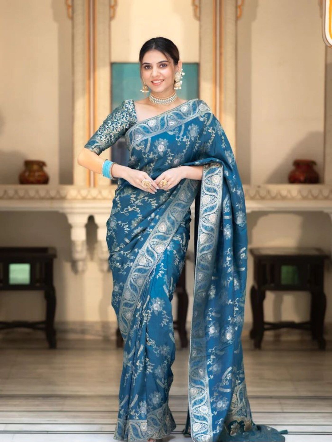 

ESOMIC EXPORT Floral Zari Art Silk Banarasi Saree with Tassels, Teal