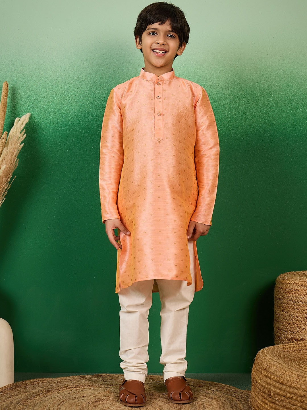 

Sangria Boys Polka Dots Woven Design Straight Kurta With Churidar Set, Orange