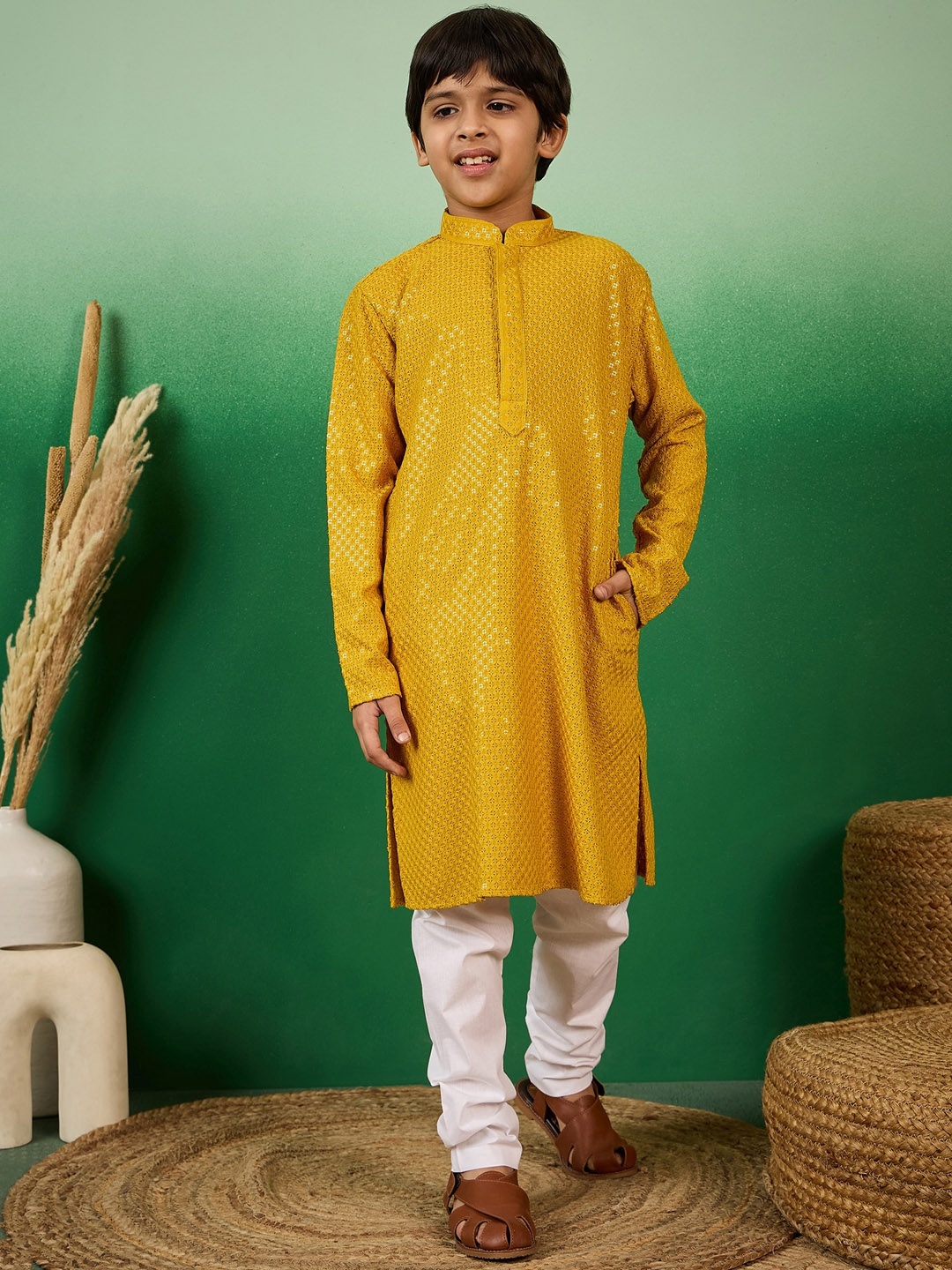 

Sangria Mandarin Collar Embroidered Straight Kurta With Churidar Set, Yellow