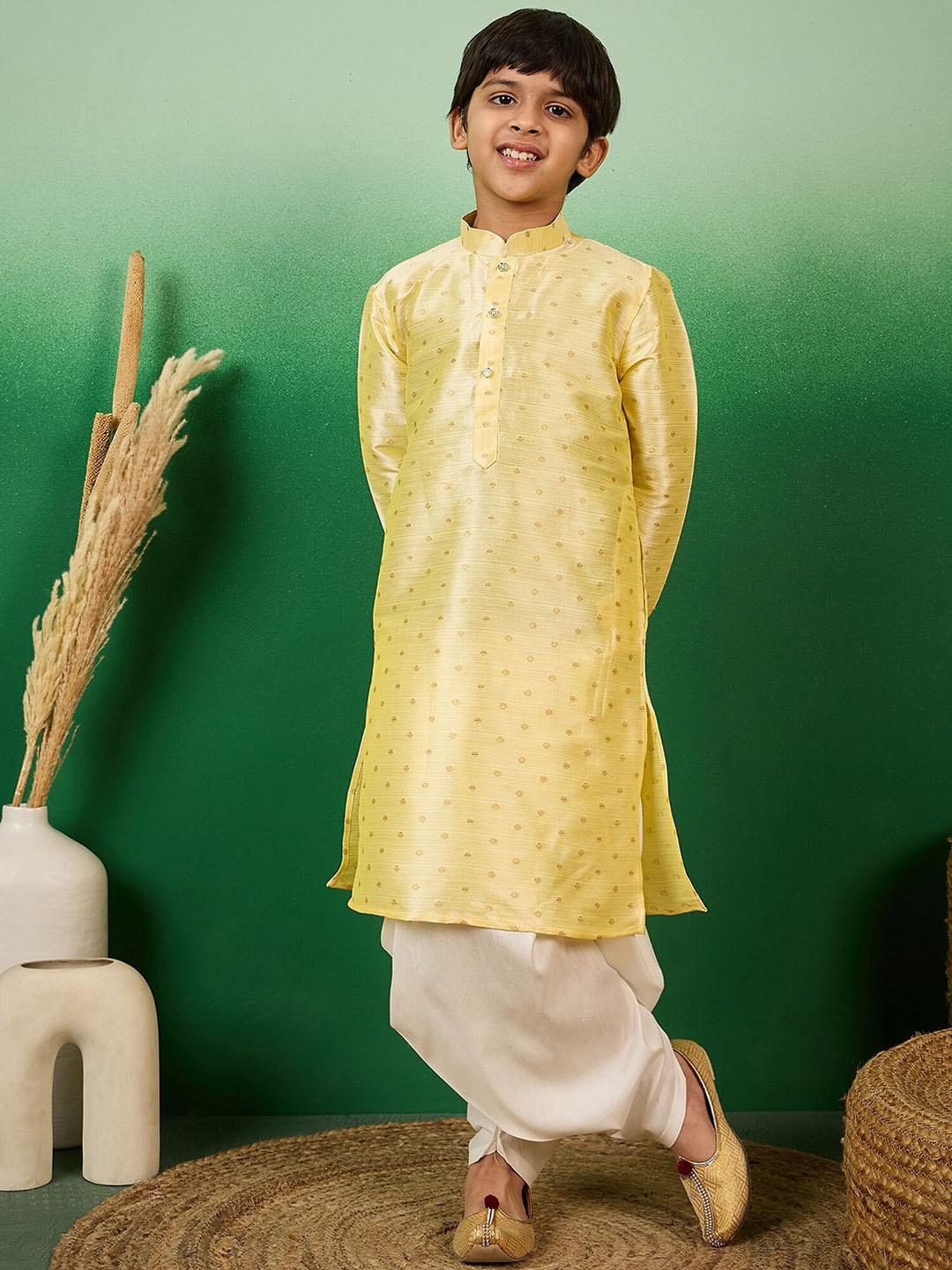

Sangria Boys Geometric Printed Mandarin Collar Straight Kurta With Dhoti Pant, Beige