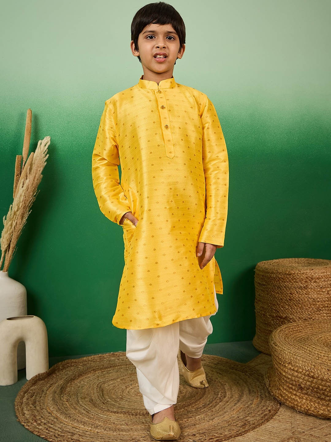 

Sangria Boys Woven Design Mandarin Collar Kurta With Dhoti, Yellow