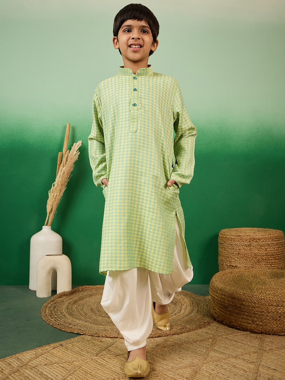 

Sangria Boys Printed Mandarin Collar Kurta With Dhoti Pant, Green