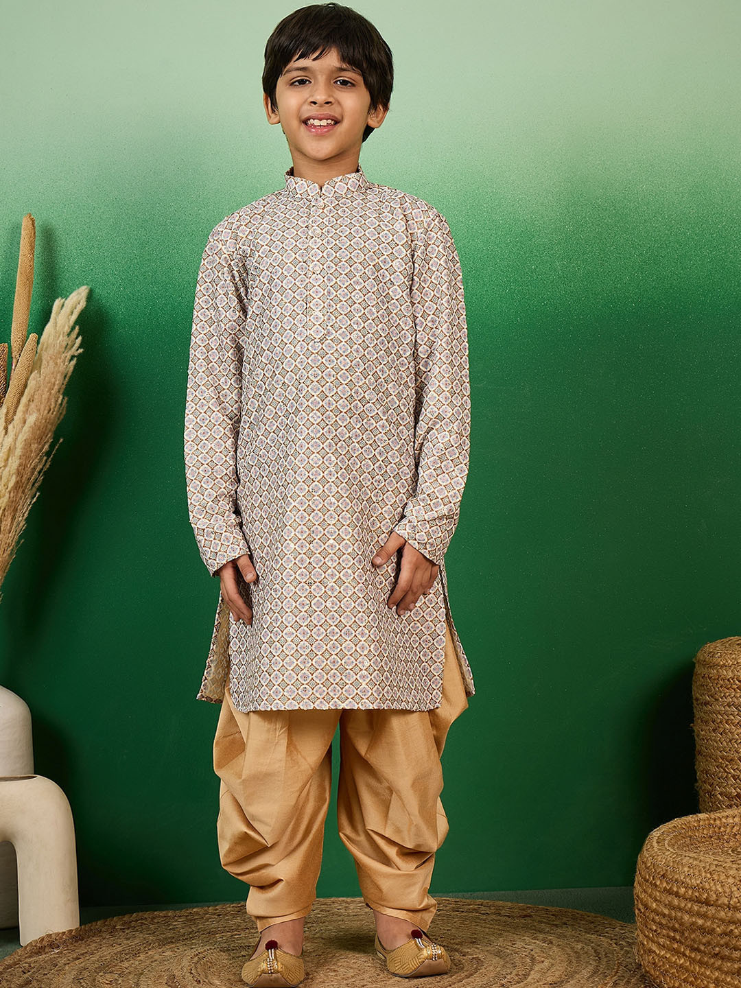

Sangria Mandarin Collar Self-Designed Straight Kurta With Dhoti Pant Set, Brown