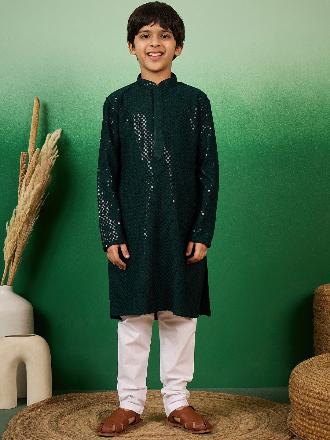 

Sangria Boys Sequence Embroidered Mandarin Collar Chikankari Kurta With Churidar, Green