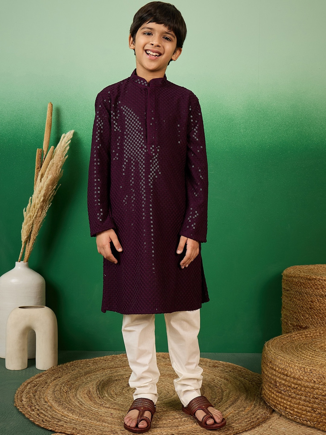 

Sangria Boys Dapper & Dazzling Sequin Embroidered Straight Kurta With Churidar, Purple