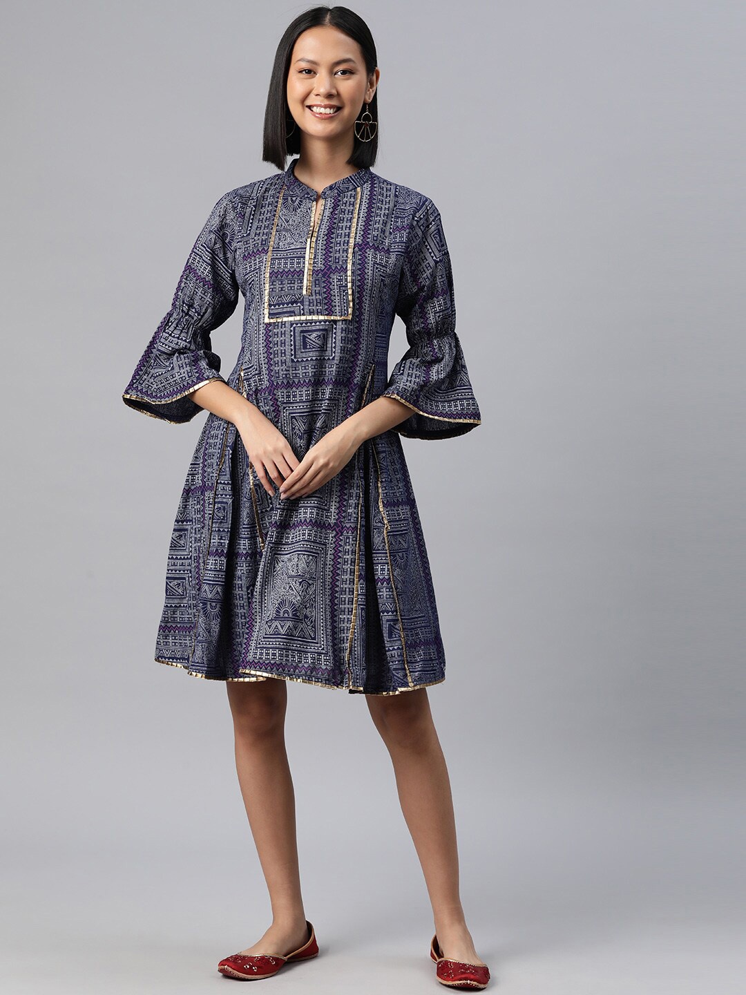 

KALINI Ethnic Motifs Printed Keyhole Neck Bell Sleeve Cotton A-Line Dress, Blue