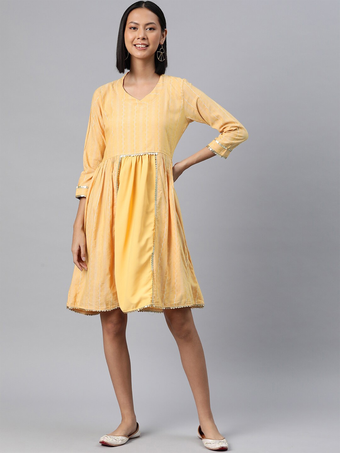 

KALINI V-Neck Three-Quarter Sleeves Cotton A-Line Dress, Mustard