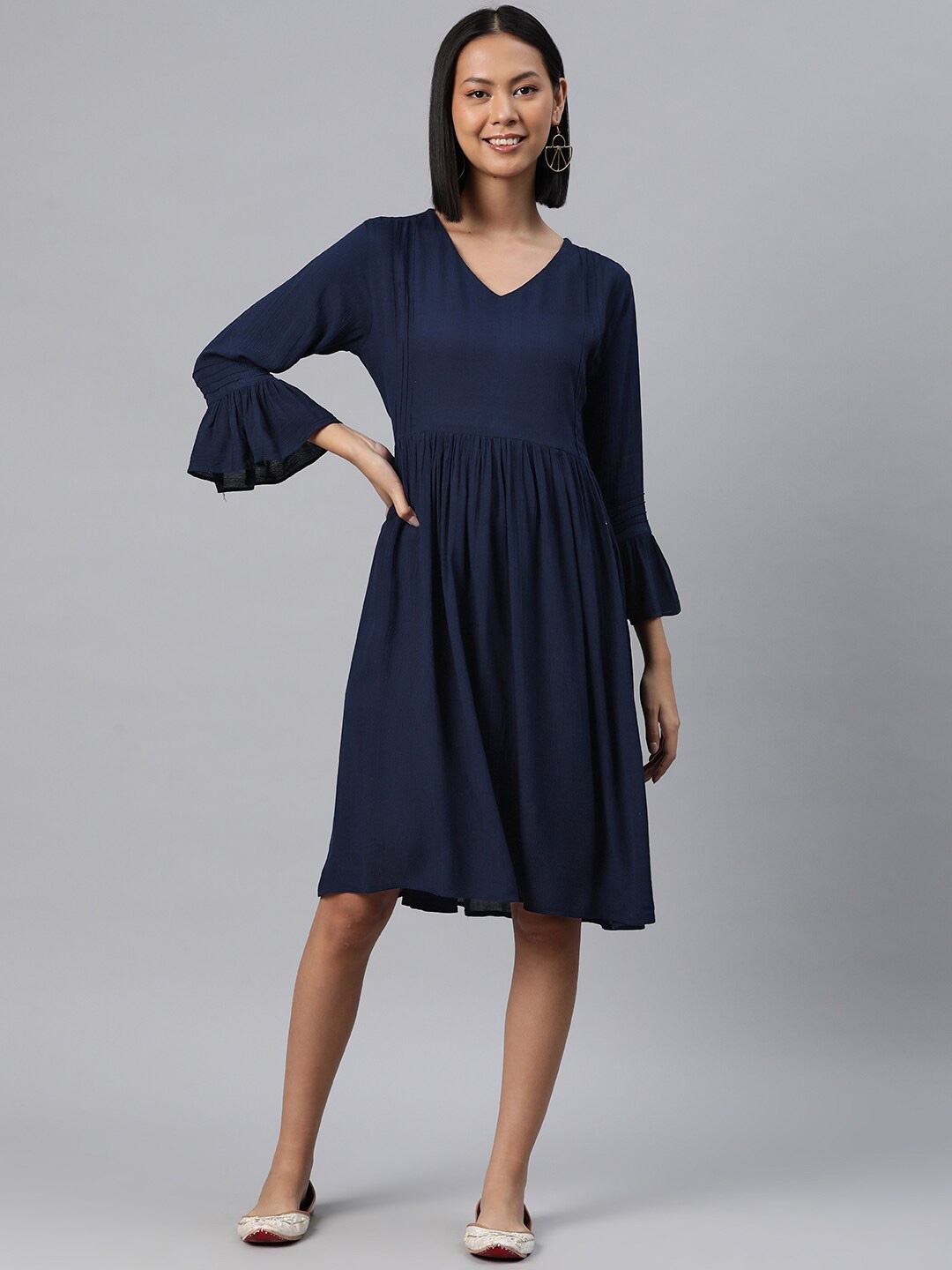 

KALINI V-Neck Bell Sleeve Gathered or Pleated Fit & Flare Dress, Navy blue