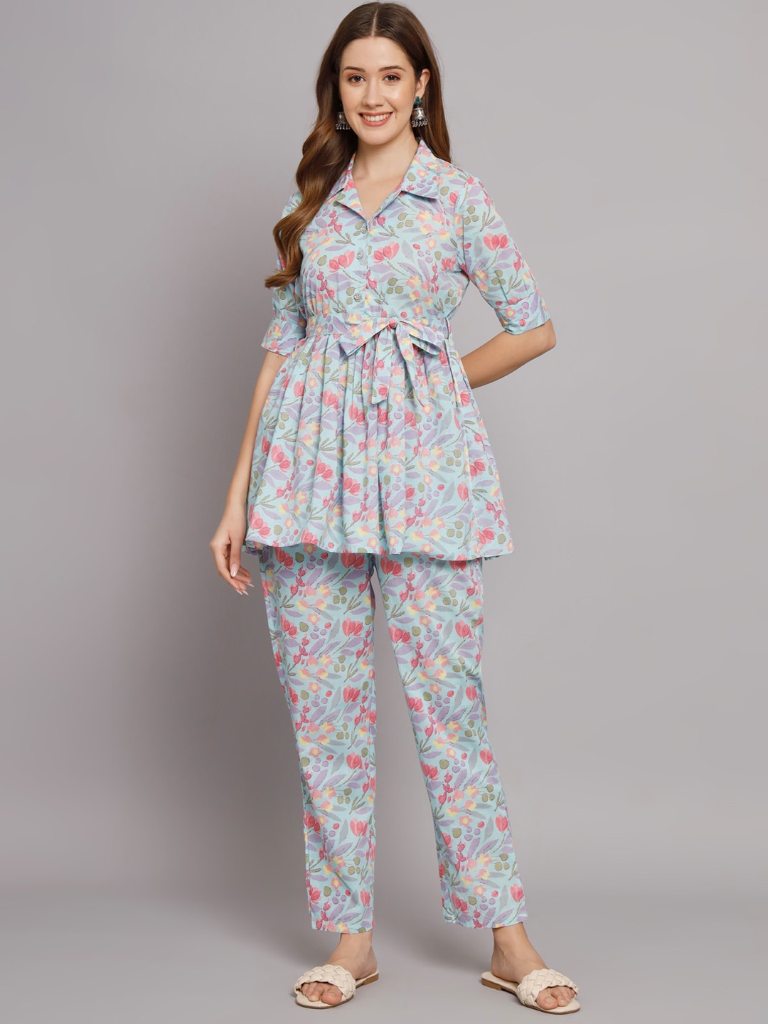 

Vastralay Printed Pure Cotton Shirt Collar Neck Top & Flared Trouser & Belt Ethnic Co-Ords, Blue