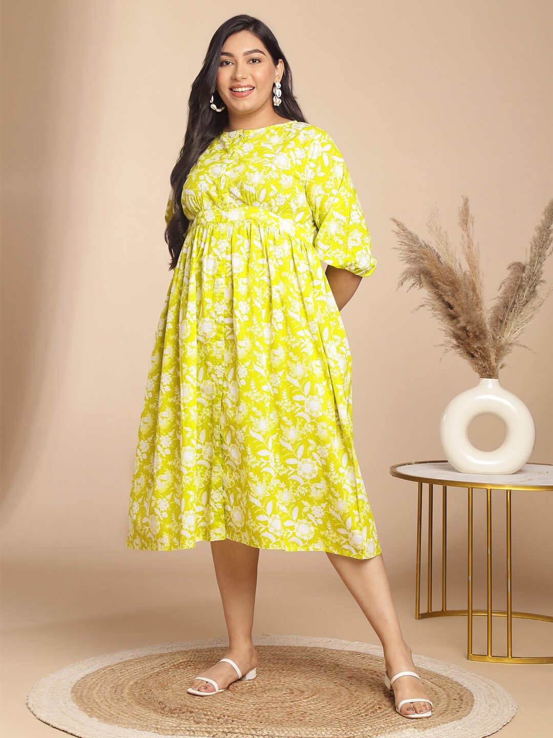 

Janasya Cotton Floral Gathered Dress, Green