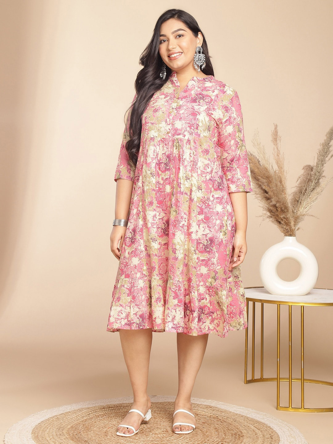 

Janasya Floral Printed Plus Size Mandarin Collar Cotton Empire Dress, Pink