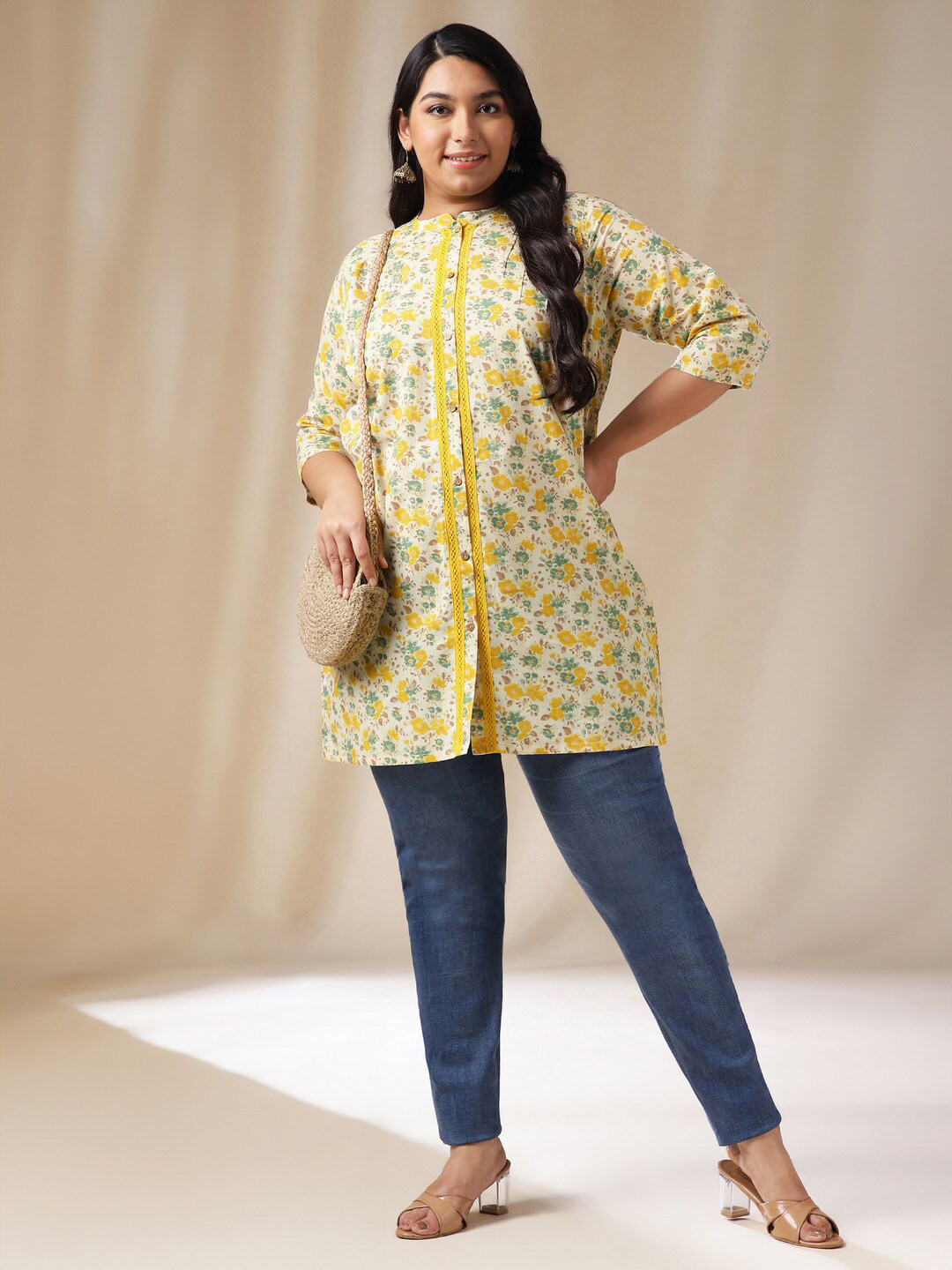 

Janasya Plus Size Floral Printed Mandarin Collar Cotton Tunic, Off white