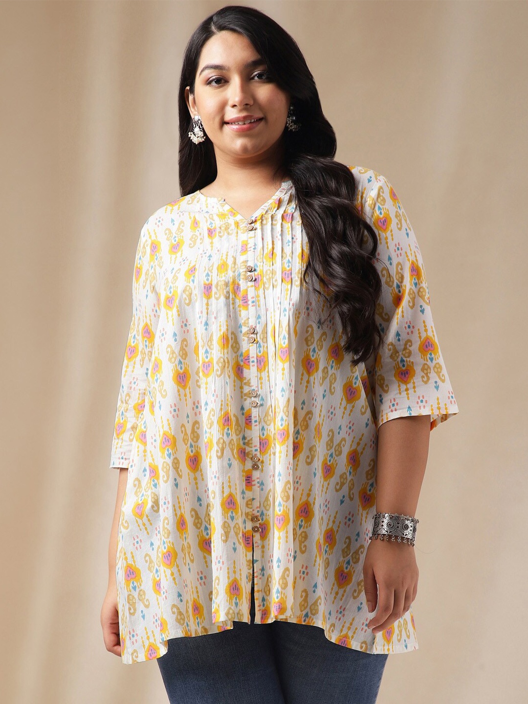 

Janasya Plus Size Floral Printed Round Neck Cotton Tunic, Off white