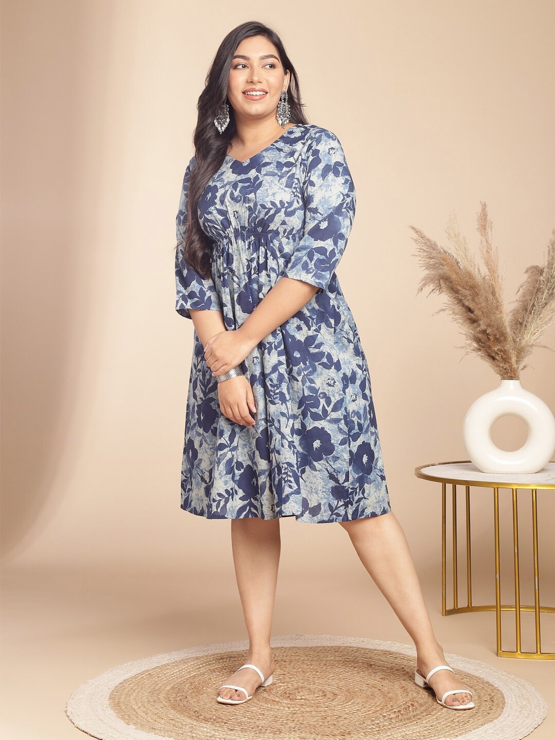 

Janasya Floral Printed Cotton Plus Size Fit & Flare Dress, Blue