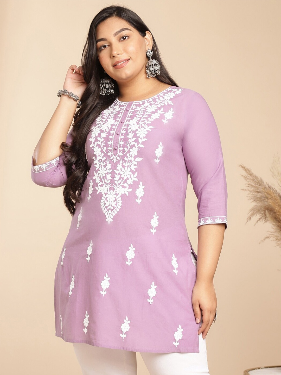 

Janasya Plus Size Ethnic Motifs Embroidered Round Neck Chikankari Cotton Kurta, Lavender