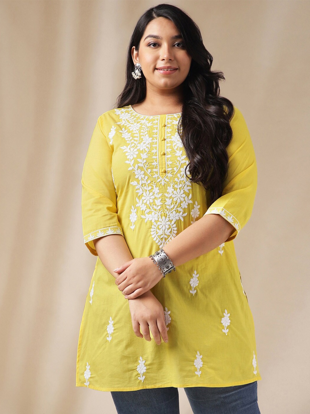 Janasya Plus Size Floral Embroidered Chikankari Cotton Straight Kurta, Yellow