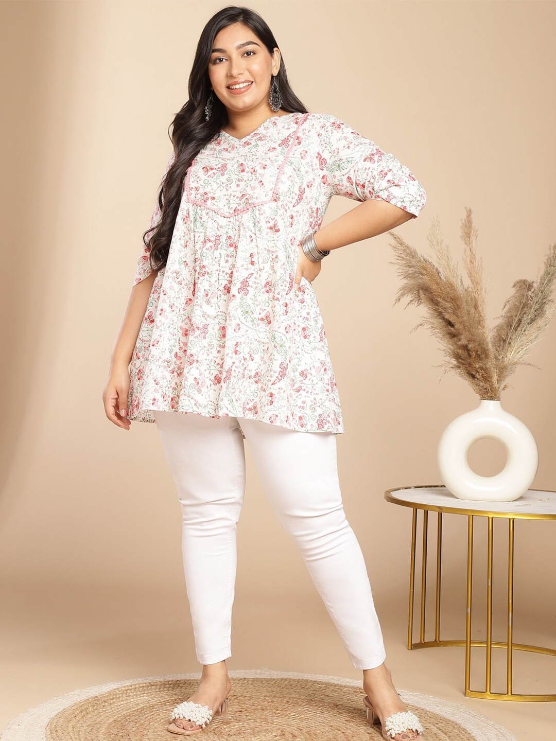 

Janasya Plus Size Floral Printed Round Neck Cotton Tunic, White