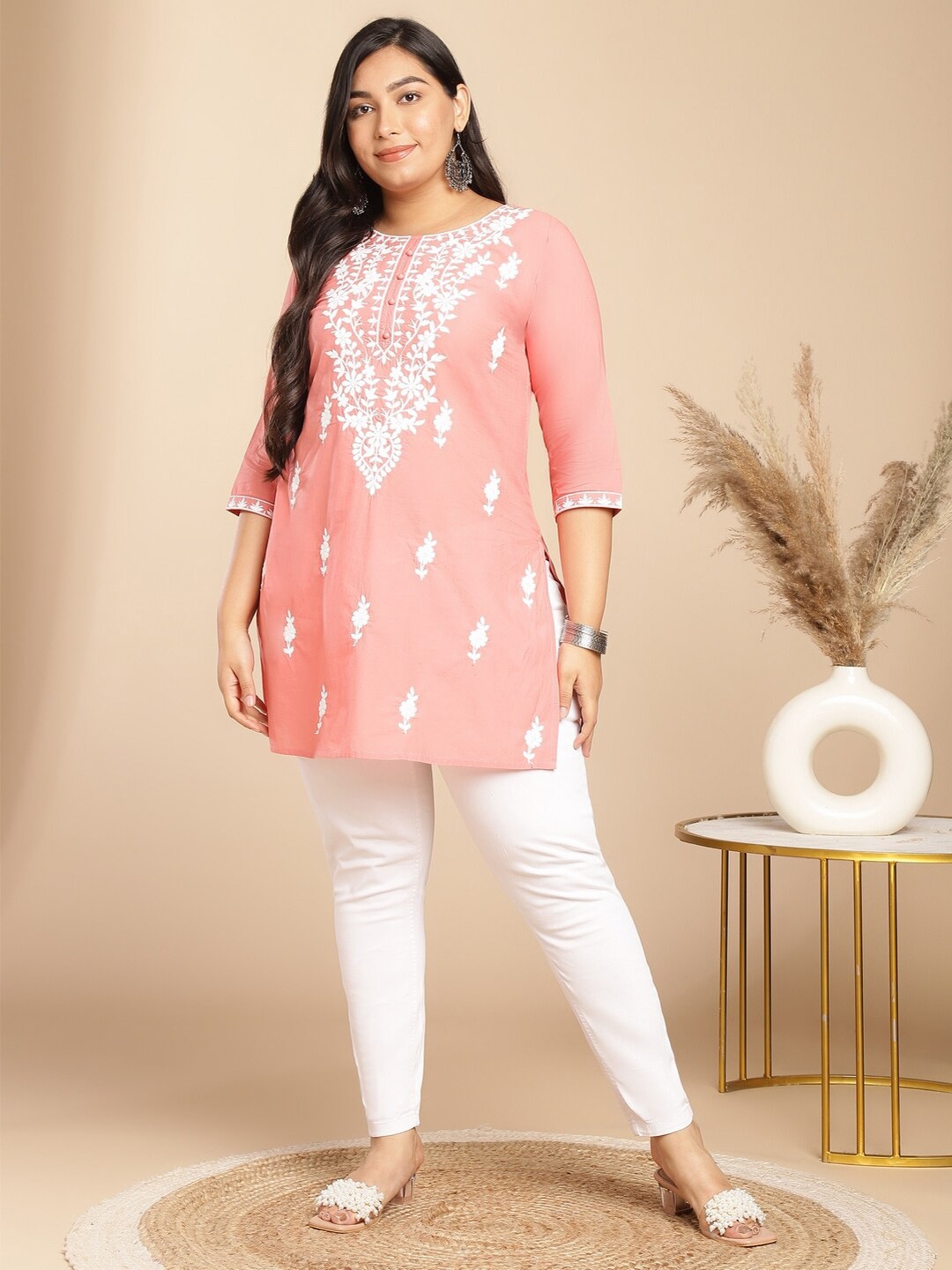 

Janasya Plus Size Ethnic Motifs Embroidered Round Neck Chikankari Cotton Kurta, Peach