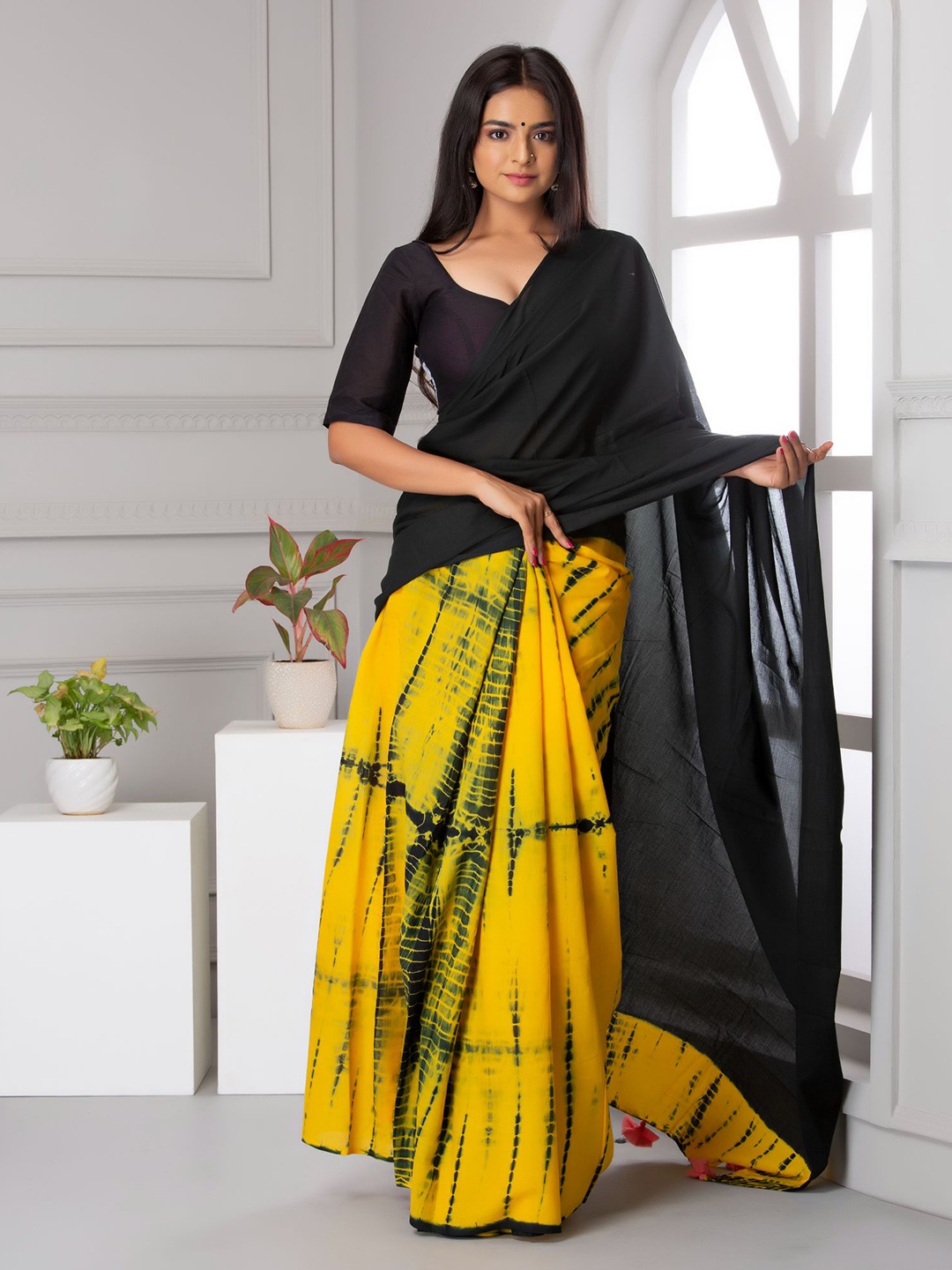 

Shivanya Handicrafts Tie and Dye Pure Cotton Half and Half Block Print Saree, Black