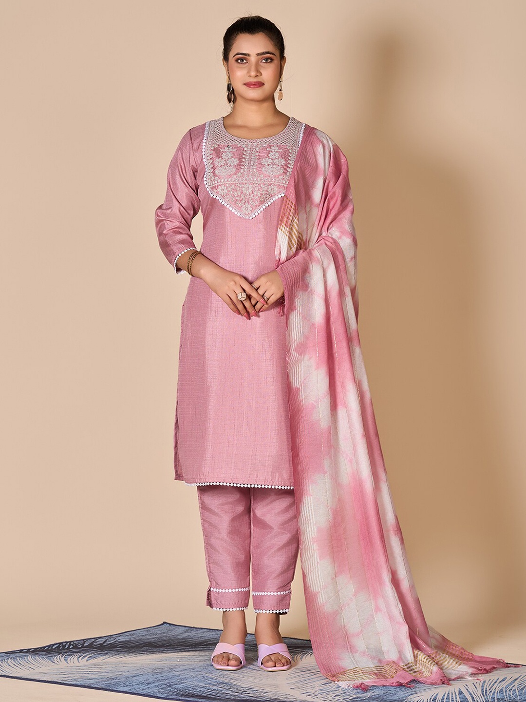 

A.V.M Prints Embroidered Round Neck Regular Sleeves Pure Silk Straight Kurta Set, Peach