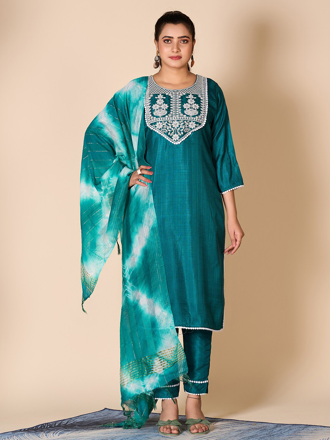 

A.V.M Prints Embroidered Round Neck Regular Sleeves Pure Silk Straight Kurta Set, Turquoise blue